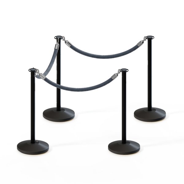Montour Line Stanchion Post and Rope Kit Black, 4 Flat Top 3 Gray Rope C-Kit-4-BK-FL-3-PVR-GY-PS